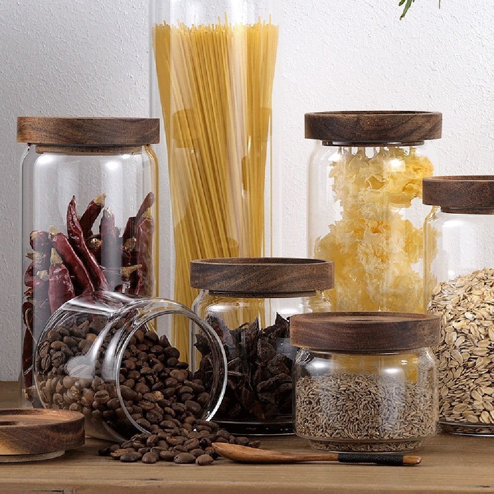 Food Storage Glass Round - Çok Amaçlı Ahşap Kapaklı Cam Gıda