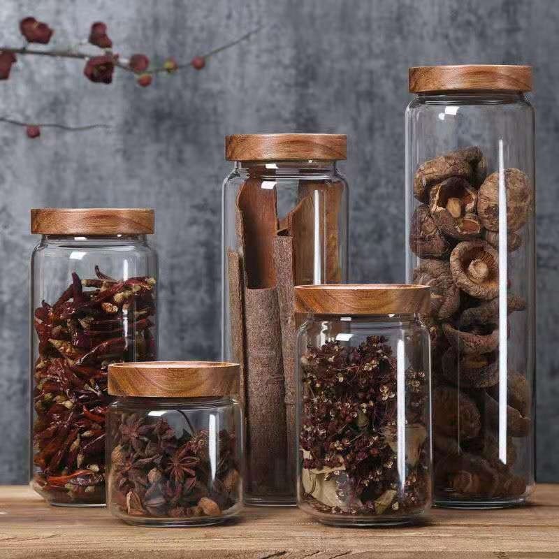 Food Storage Glass Round - Yuvarlak cam tüp kavanoz akasya ahşap