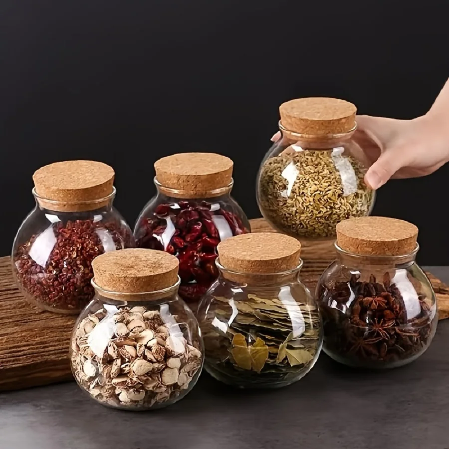 Food Storage Glass Round - 1/3 adet saklama kapları 500ML mantar