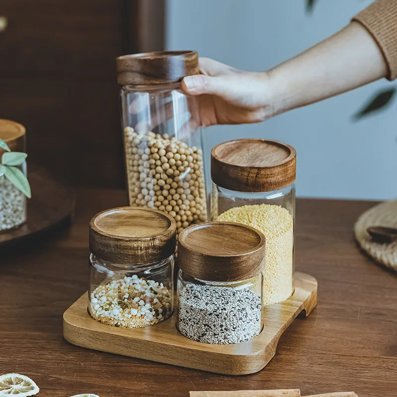 Food Storage Set Glass - Ahşap kapak Orgnizer cam hava geçirmez