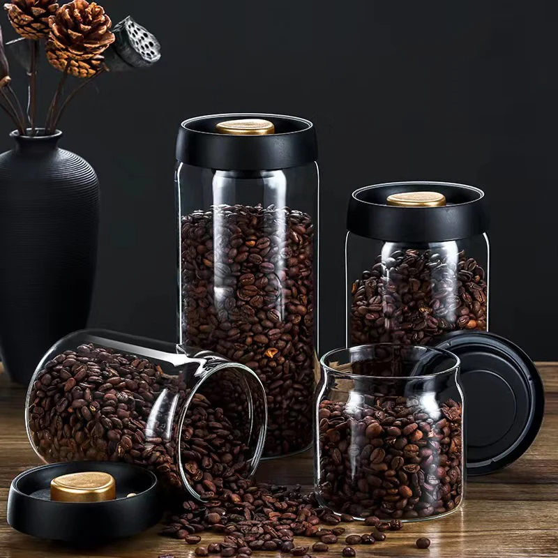 Food Storage Set Glass - Kahve çekirdekleri vakumlu mühürlü kavanoz, şeffaf